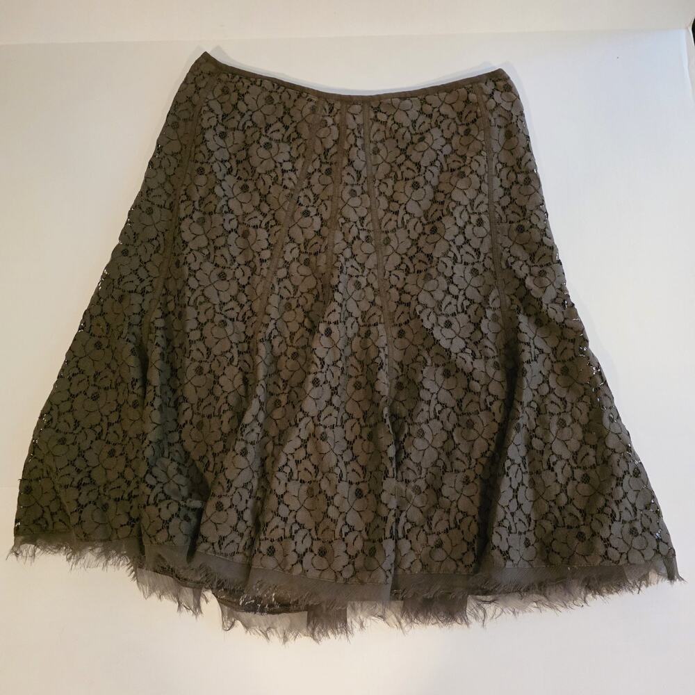 TAHARI Lace Midi Skirt SIze 12 Brown Raw Hem Lined Cottagecore Romantic Floral